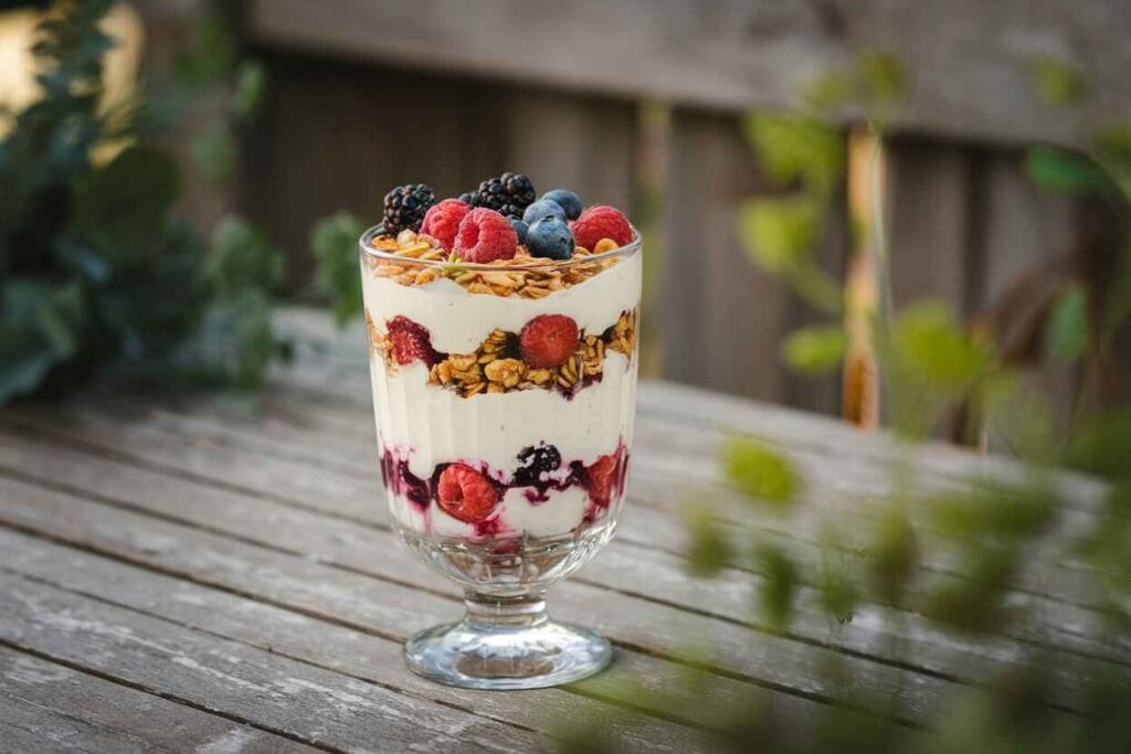 A fruit cup layered with Greek yogurt, berries, and granola