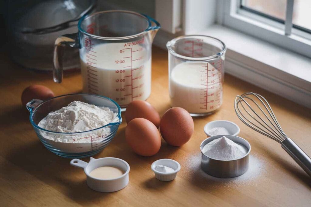 Flour, eggs, milk, sugar, and baking powder for funnel cake fries