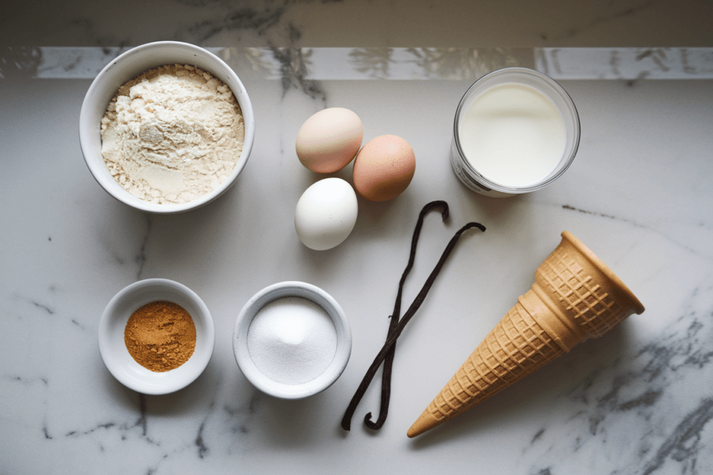 Flour, eggs, milk, sugar, and vanilla extract arranged on a kitchen counter.