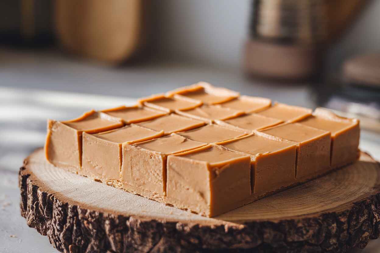 A creamy peanut butter fudge slab cut into clean squares.