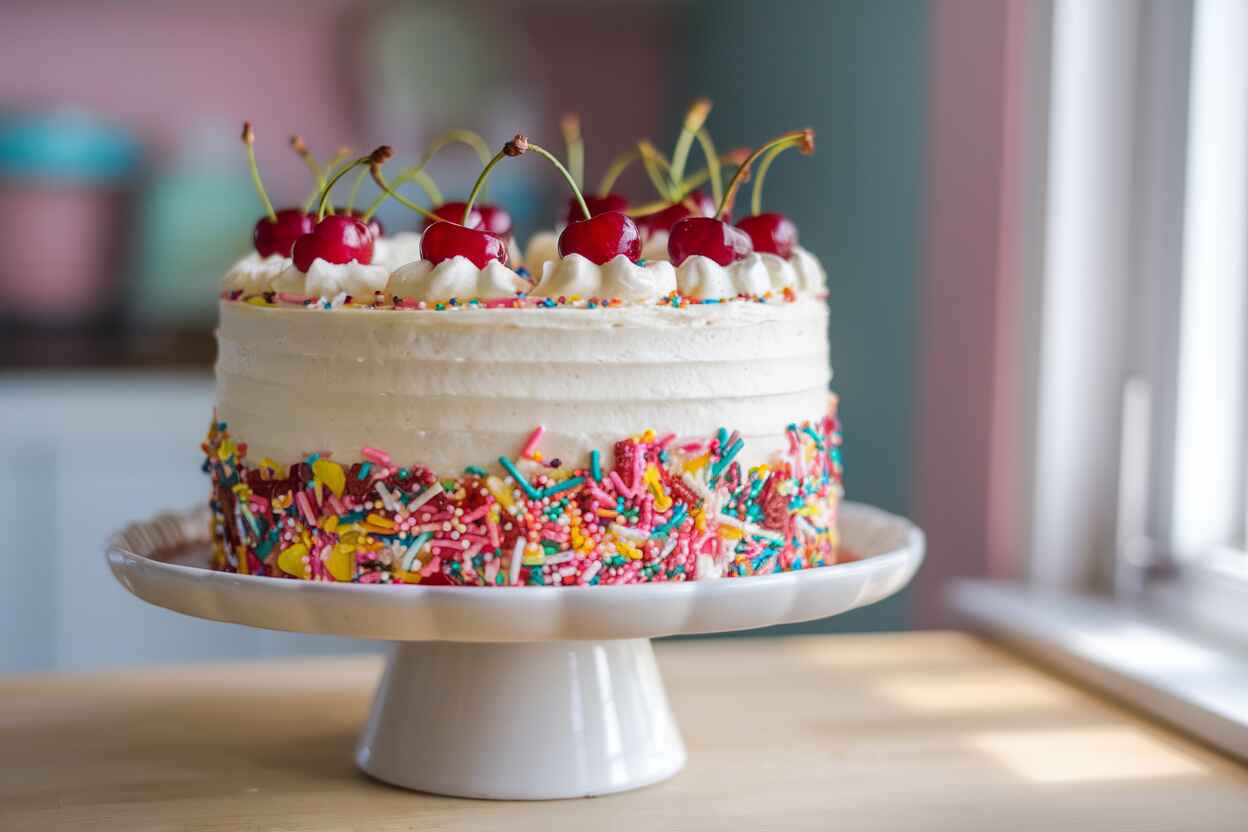 A fully frosted cherry chip cake topped with maraschino cherries and sprinkles, displayed on a white cake stand.