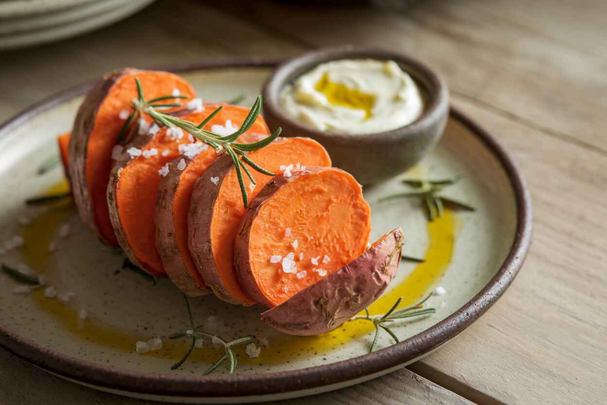 Golden roasted Murasaki sweet potatoes garnished with rosemary and sea salt on a rustic plate.