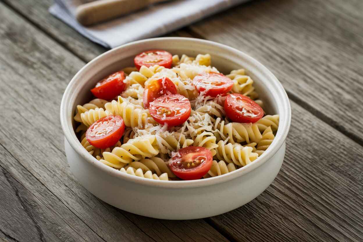 A colorful bowl of 4 ingredient pasta salad with tomatoes and cheese