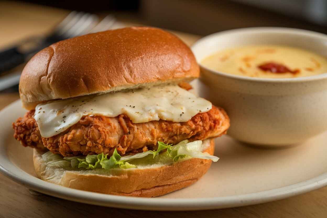 Spicy chicken sandwich with a creamy bowl of potato soup