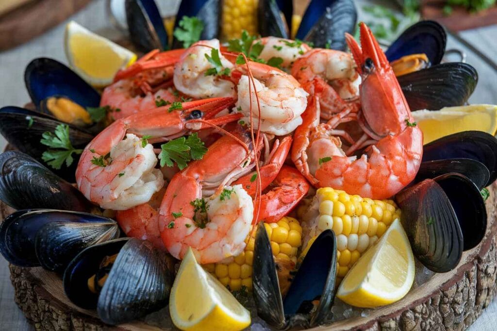 A vibrant seafood boil bag with shrimp, crab legs, corn, and potatoes served on a rustic platter.