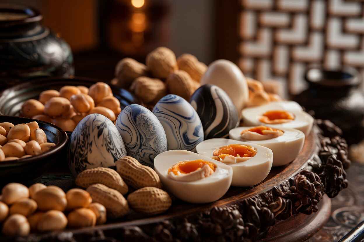 A variety of traditional Savory Chinese Snack Cracked Shell, including tea eggs, salted duck eggs, and spiced peanuts, arranged on a rustic wooden plate.