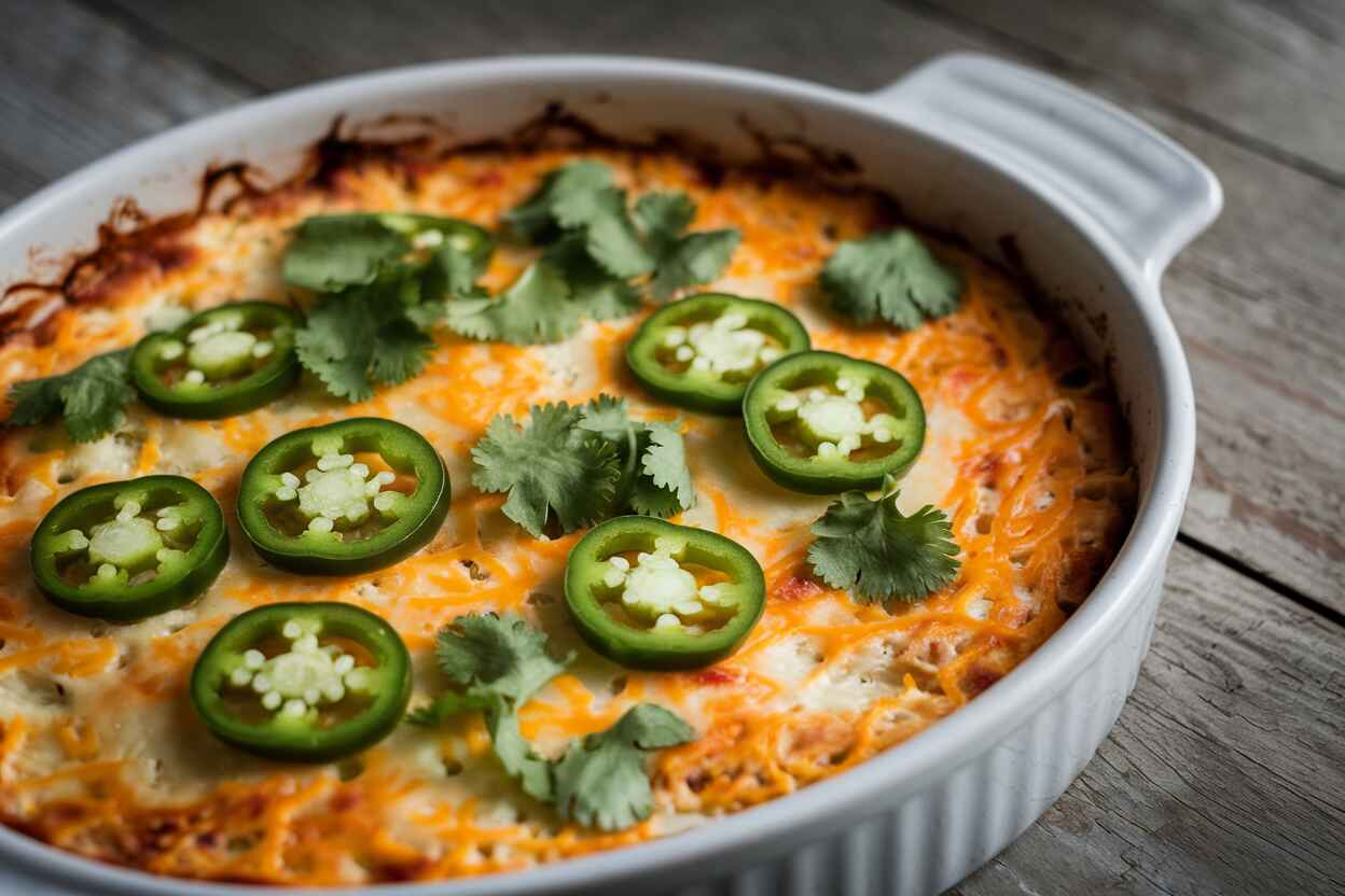 A creamy vegan jalapeno cheese rice casserole with melted cheese and jalapeno slices on top.