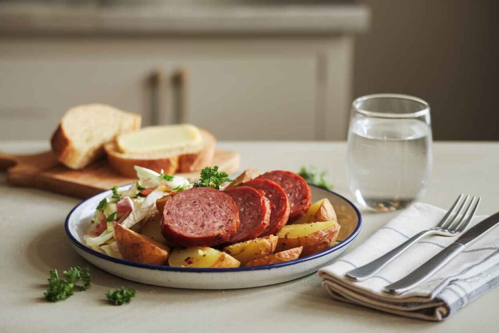 A plate of kielbasa and potatoes served with a side of coleslaw and warm buttered bread.