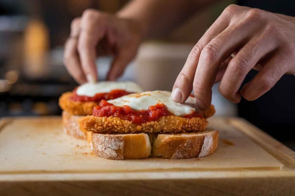 A hand placing crispy chicken topped with marinara sauce and mozzarella on toasted ciabatta bread.