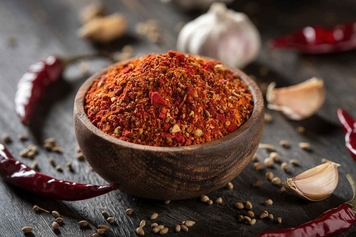 A rustic wooden bowl filled with a homemade Mexican chicken seasoning, surrounded by dried chilies, cumin, and fresh garlic.