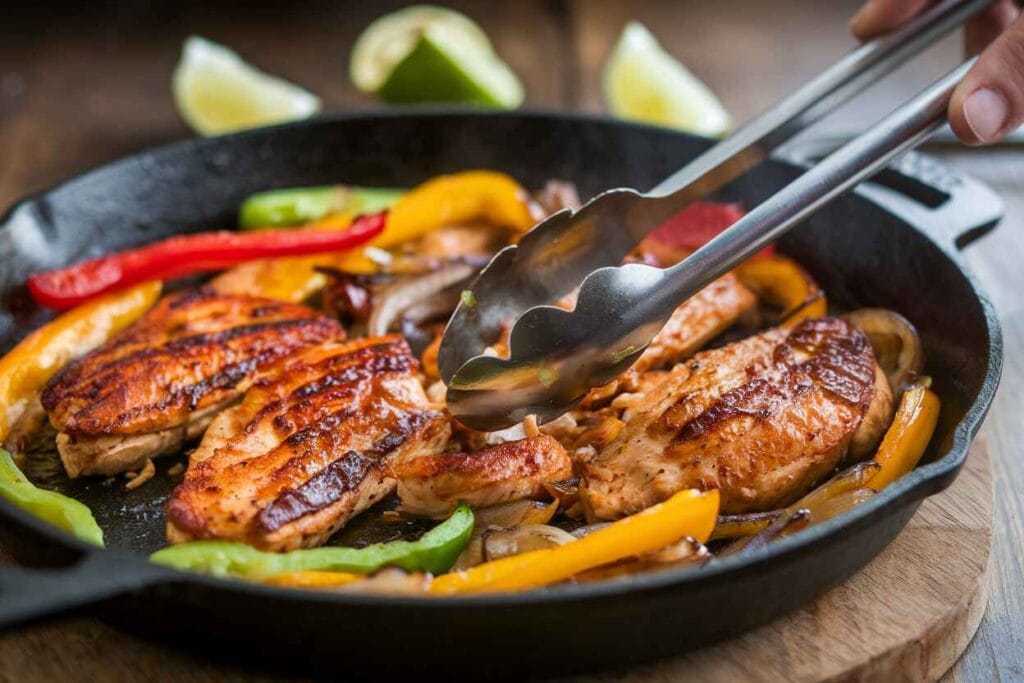 Sizzling fajitas de pollo in a cast-iron skillet with colorful peppers and onions.