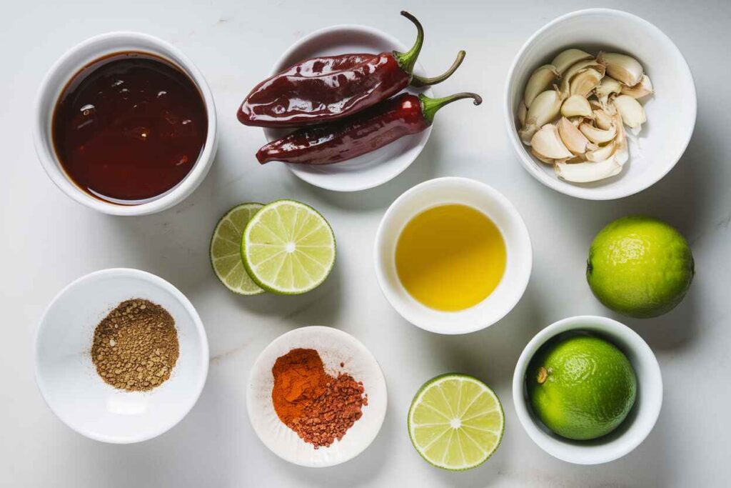 A top-down view of key ingredients for chipotle steak recipe including chipotle peppers in adobo, lime, garlic, cumin, and smoked paprika.