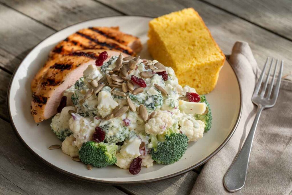 A serving of broccoli cauliflower salad plated with grilled chicken and a side of cornbread.