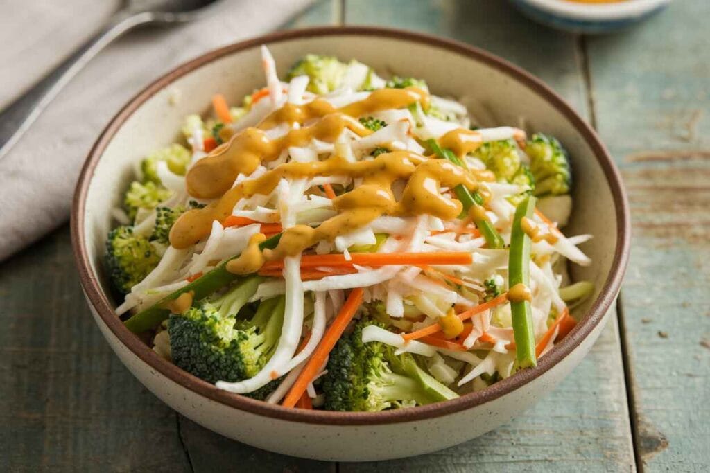 A bowl of broccoli cauliflower slaw with a drizzle of honey mustard dressing.