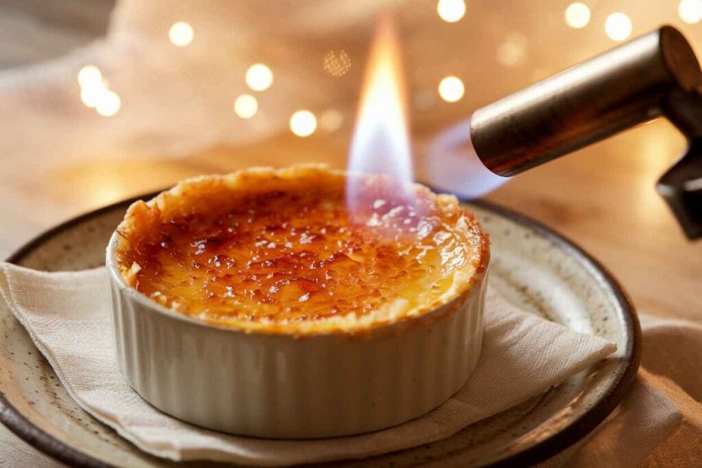 A kitchen torch caramelizing sugar on top of crab brulee.