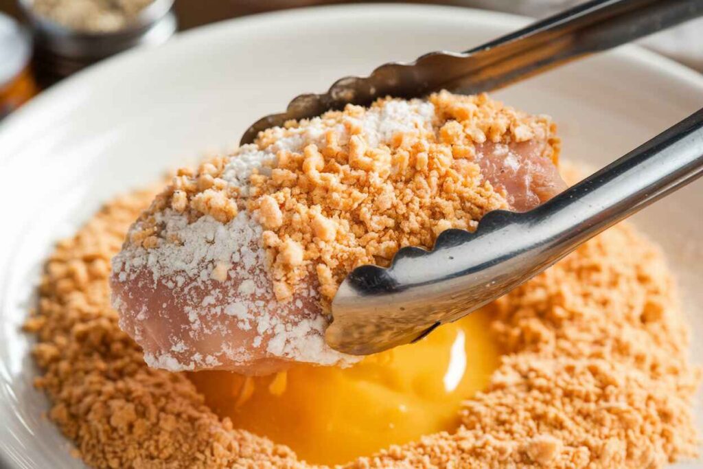 Chicken pieces being coated in flour, egg wash, and panko breadcrumbs.