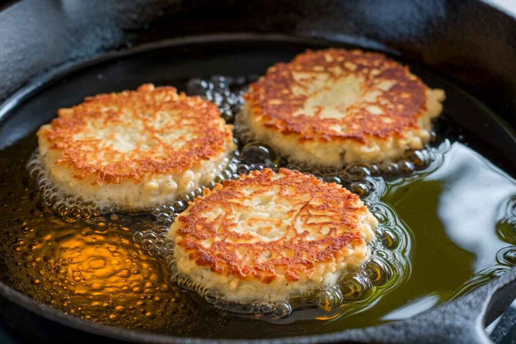 Chicken Fritta pieces frying in a pan with bubbling oil.