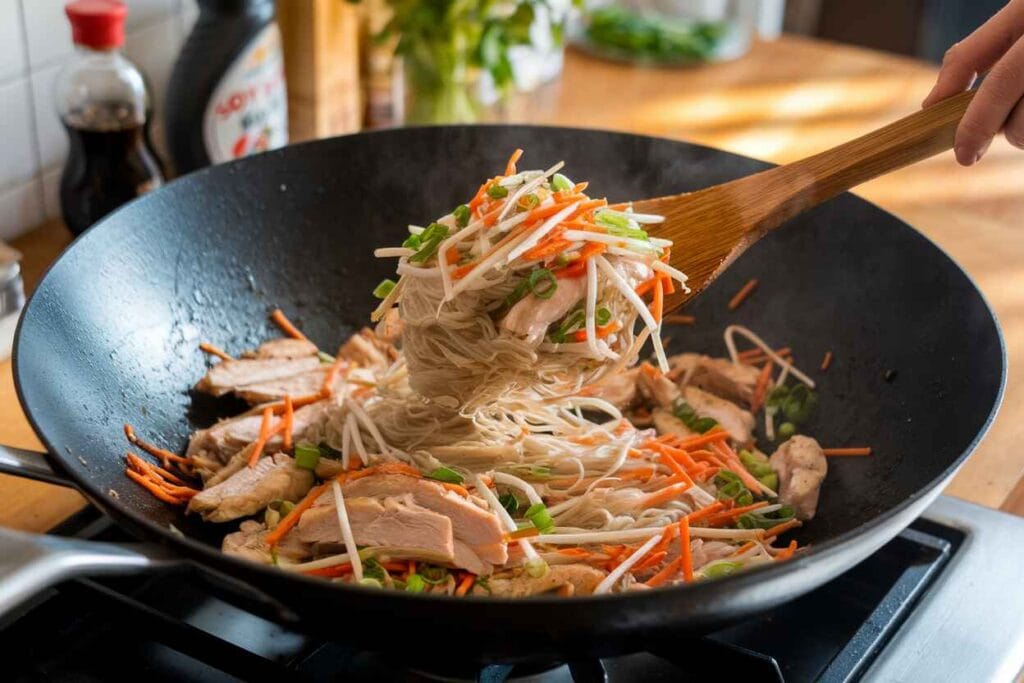 Stir-frying Chicken Mei Fun with vegetables in a traditional wok over high heat.