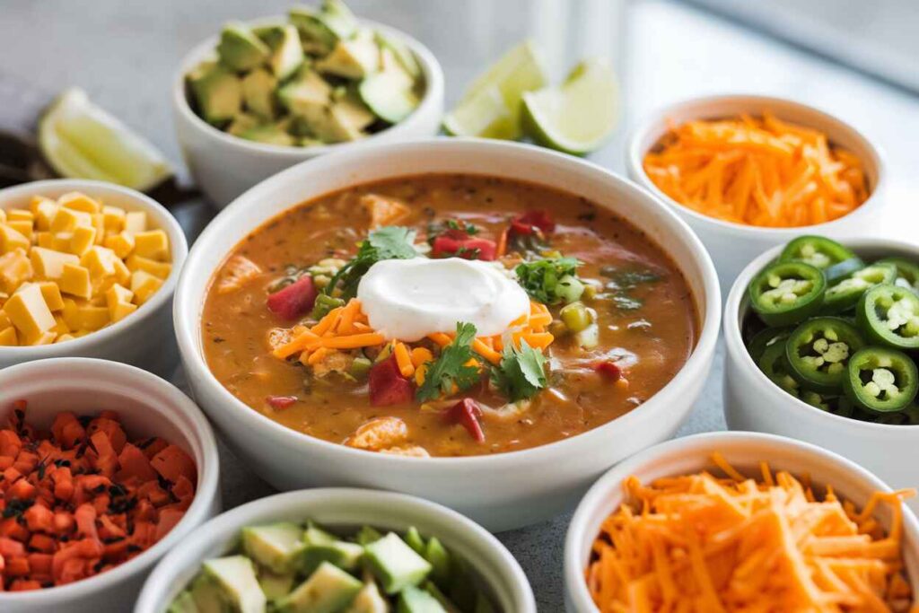 A spread of toppings including avocado, cheese, jalapeños, and sour cream for chicken tortilla soup.