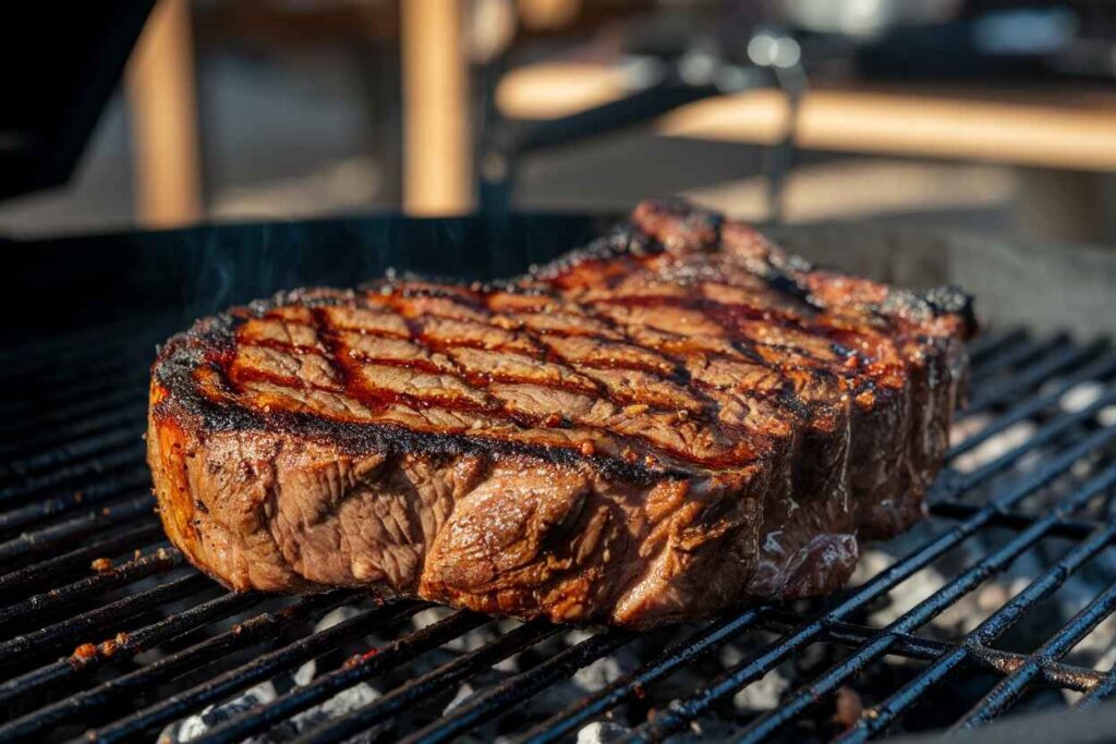 A juicy chipotle-marinated steak sizzling on a hot grill, with bold char marks and smoky grill flames in the background.
