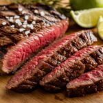 Close-up of a sliced chipotle-marinated steak on a wooden cutting board, showing a deep smoky crust and juicy pink center.