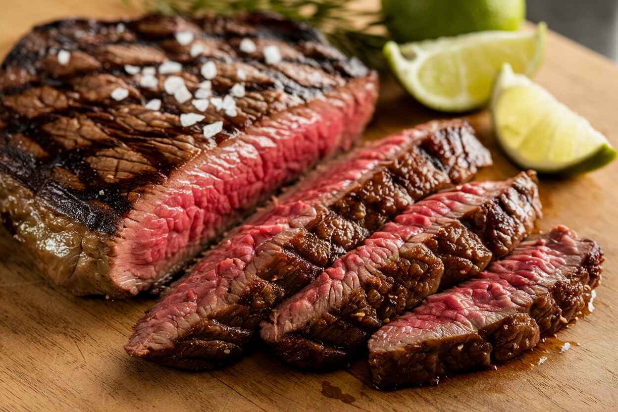 Close-up of a sliced chipotle-marinated steak on a wooden cutting board, showing a deep smoky crust and juicy pink center.