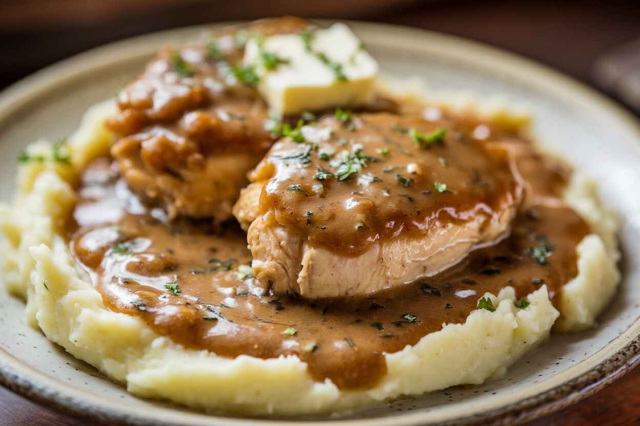 A plate of homemade chicken and gravy served with mashed potatoes and fresh herbs.