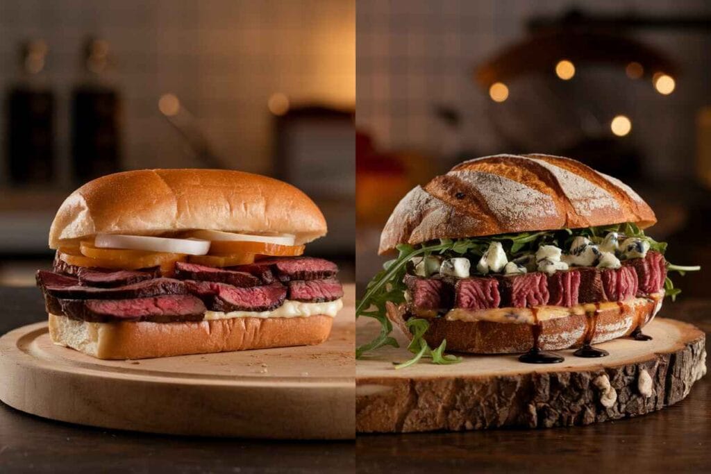 A side-by-side comparison of a classic steak sandwich with provolone and onions versus a gourmet version with blue cheese, arugula, and balsamic glaze.