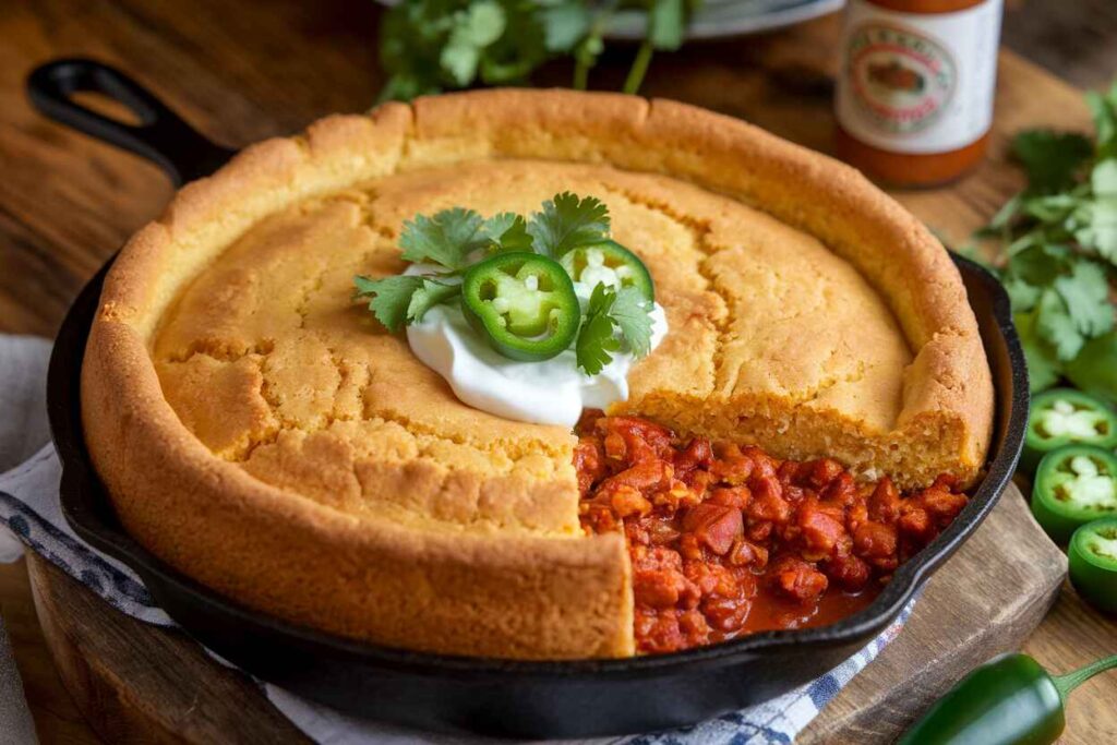 A golden-brown cornbread topped chili pie in a cast-iron skillet, garnished with fresh cilantro and jalapeños.