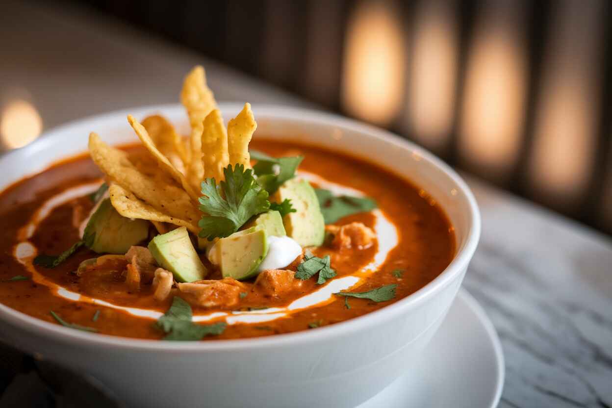 A warm bowl of creamy chicken tortilla soup garnished with crispy tortilla strips, avocado, and cilantro.