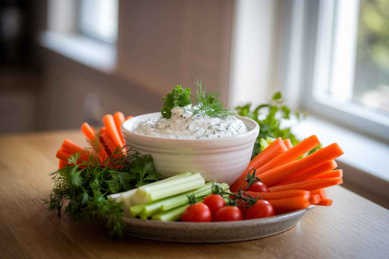 A bowl of thick ranch dip served with crispy crackers on a wooden table.