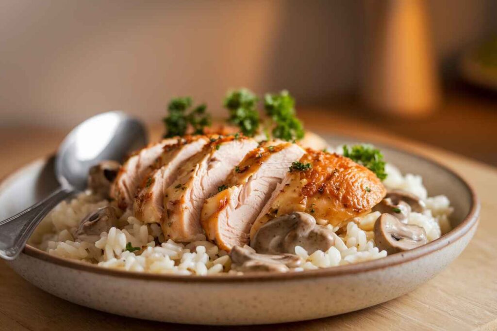 A warm bowl of Cream of Mushroom Chicken and Rice, garnished with fresh herbs and served with a side of bread.