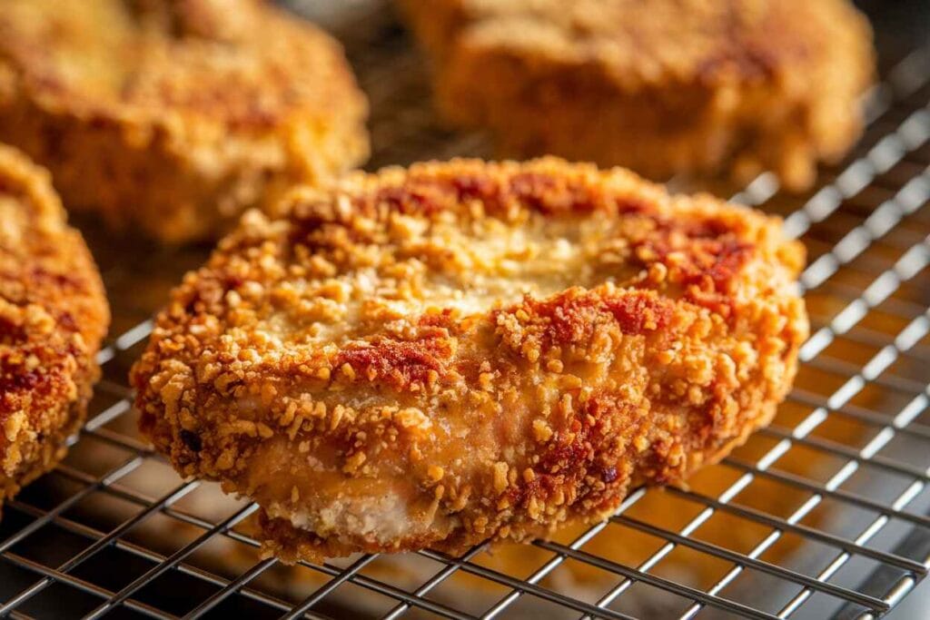 A perfectly fried golden-brown breaded chicken cutlet on a wire rack.