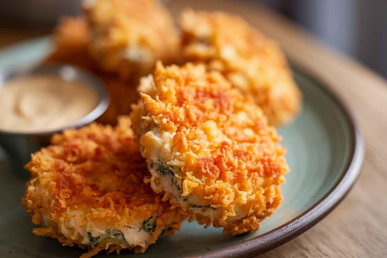 Golden-brown crispy Chicken Fritta served on a plate with dipping sauce.