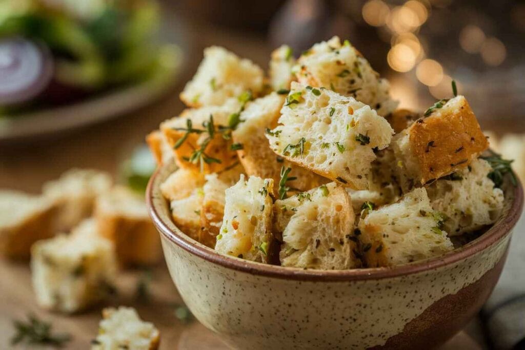 Homemade gluten-free sourdough croutons in a rustic bowl.
