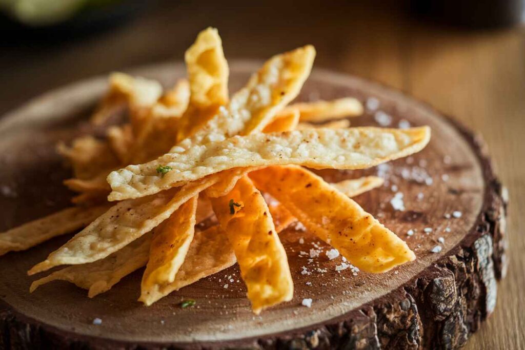 Golden, crispy tortilla strips on a wooden board with a sprinkle of salt.