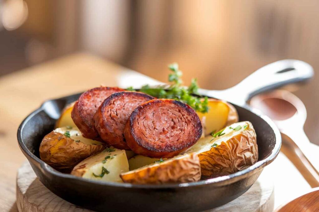 A skillet filled with golden brown crispy potatoes and slices of smoky kielbasa, garnished with fresh herbs.