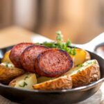 A skillet filled with golden brown crispy potatoes and slices of smoky kielbasa, garnished with fresh herbs.