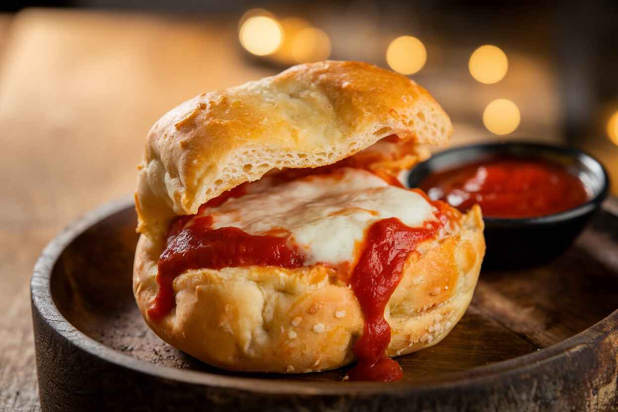 A golden, crispy pizza puff with gooey cheese and marinara sauce inside, served on a plate with dipping sauce.