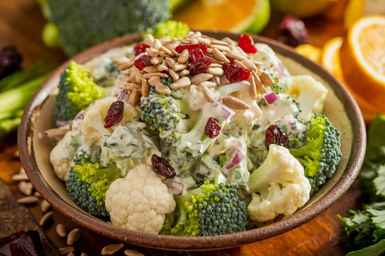 A vibrant bowl of broccoli cauliflower salad with creamy dressing, topped with sunflower seeds and cranberries.