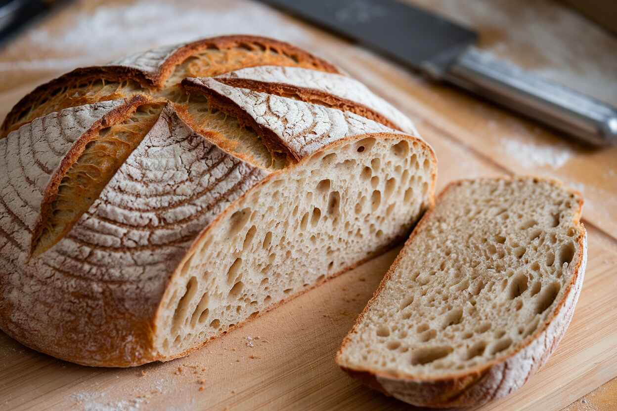 A freshly baked loaf of gluten-free sourdough bread with a crispy golden crust, sliced to reveal a soft, airy crumb.