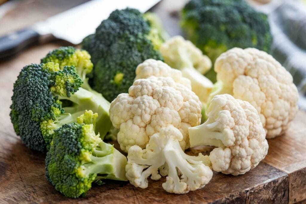 Freshly chopped broccoli and cauliflower florets on a wooden cutting board, ready for salad.