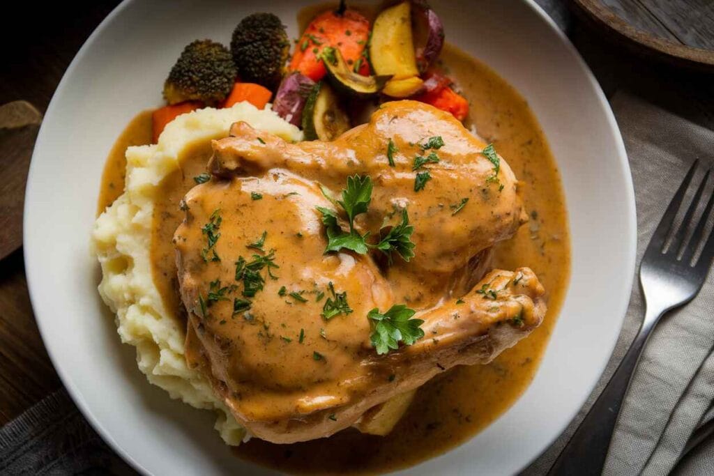 Chicken smothered in garlic butter gravy, garnished with fresh parsley.