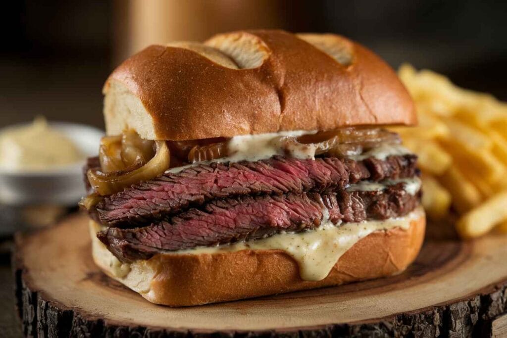 A close-up of a ribeye steak sandwich loaded with garlic butter, melted cheese, and caramelized onions.