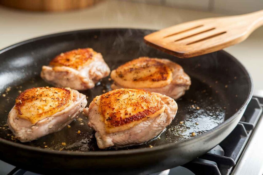 Chicken thighs searing in a pan with butter and garlic, developing a crispy golden crust.
