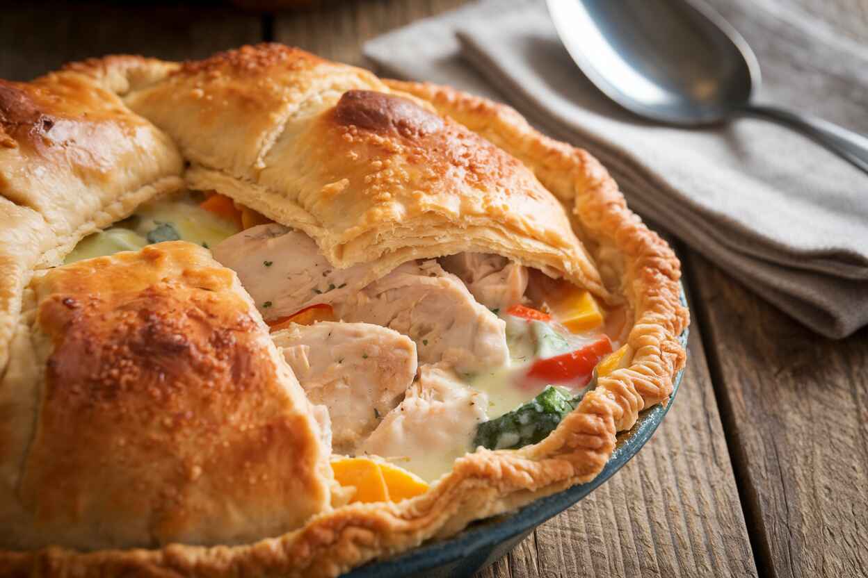 A homemade chicken pot pie with crescent rolls crust, served on a rustic wooden table.