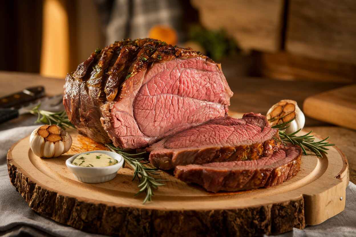 Sliced ribeye roast with a perfectly seared crust, served on a wooden carving board with roasted garlic.