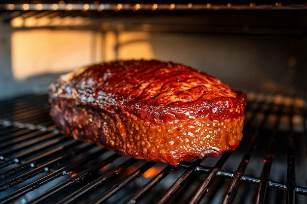 A smoked meatloaf inside a smoker, developing a rich crust with deep smoke-infused seasoning.