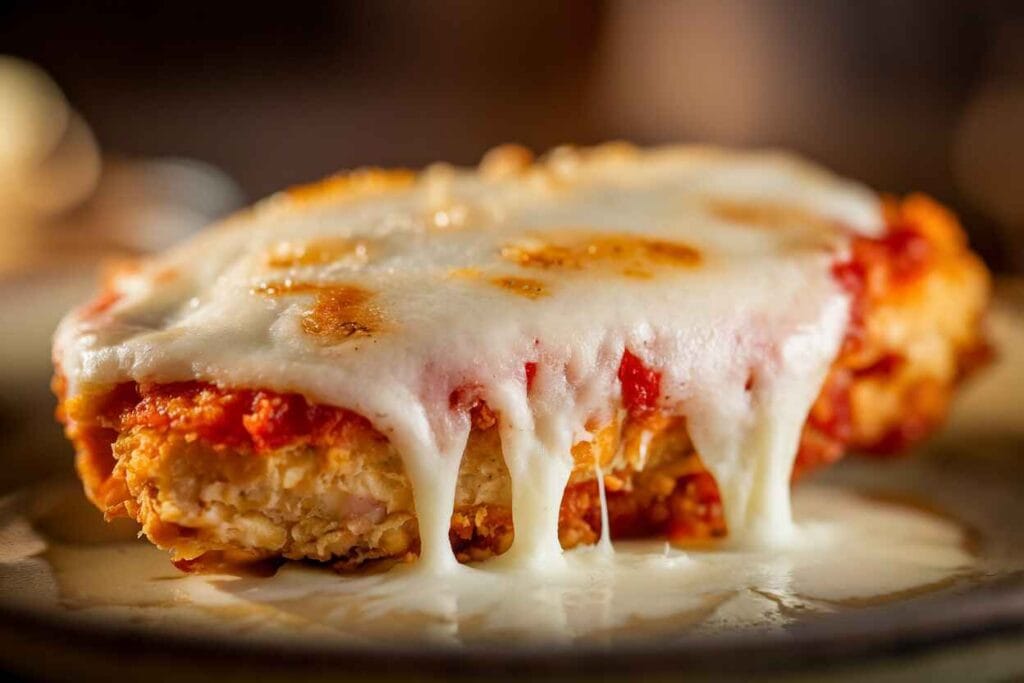 Fresh mozzarella cheese melting over a crispy chicken cutlet under the broiler.