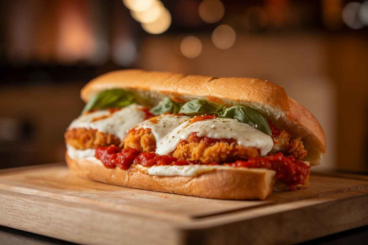 A golden, crispy Chicken Parmesan Sandwich with melted mozzarella and fresh basil.